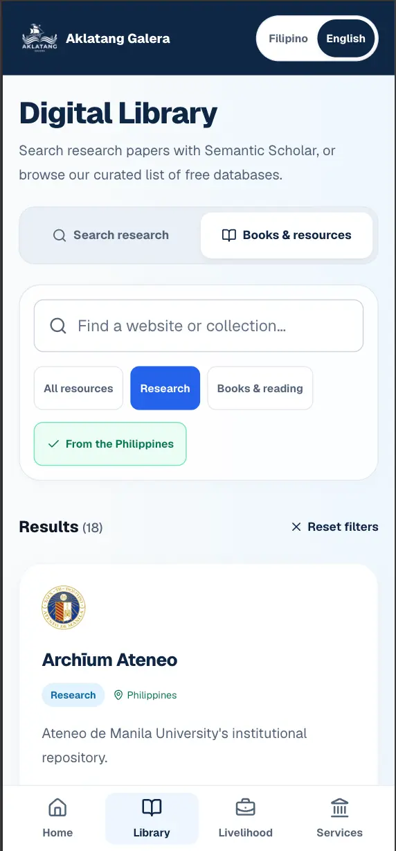 Aklatang Galera’s mobile digital library with bilingual controls, database filters, and an Archium Ateneo resource card.