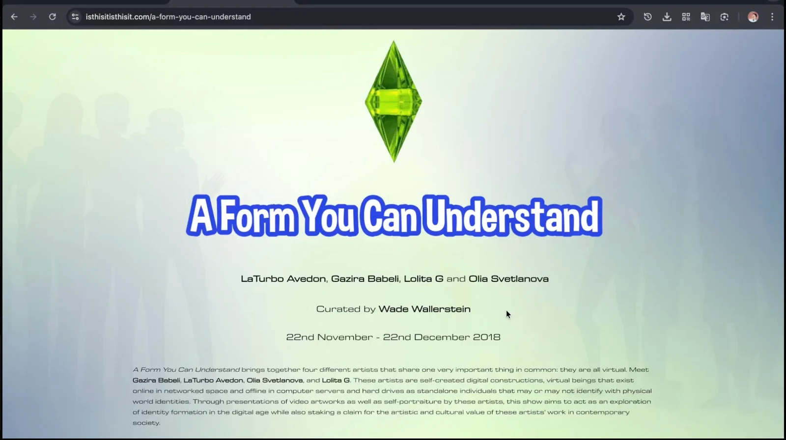 The A Form You Can Understand exhibition page, with a green crystal and the names of its digital artists.