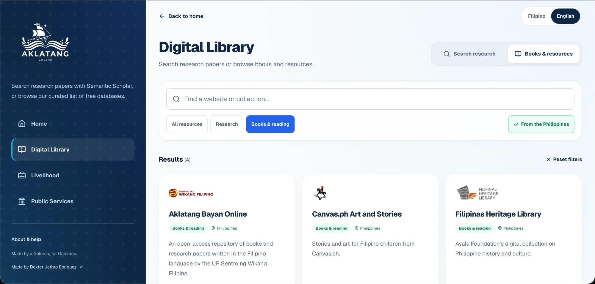 The Digital Library in English, filtered to Books & reading from the Philippines, showing Aklatang Bayan Online, Canvas.ph Art and Stories, and Filipinas Heritage Library.