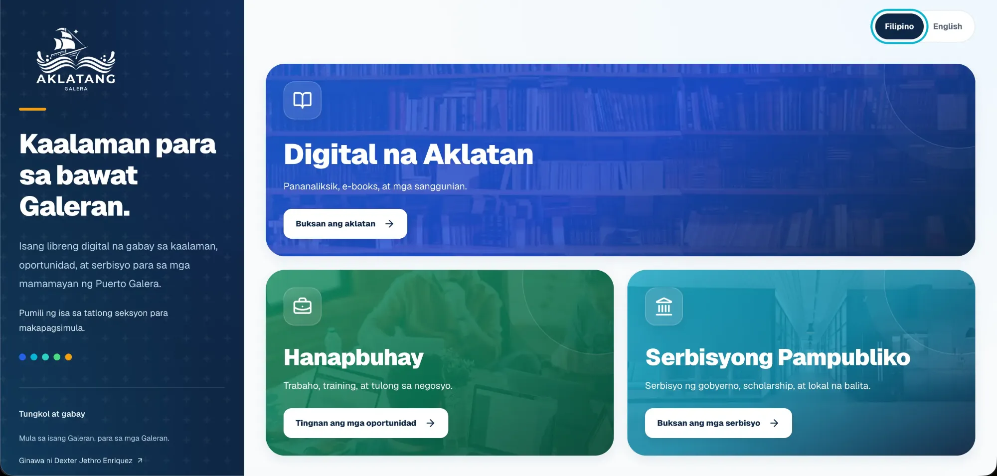 Aklatang Galera's home page in Filipino, with three buttons: Digital na Aklatan, Hanapbuhay, and Serbisyong Pampubliko.