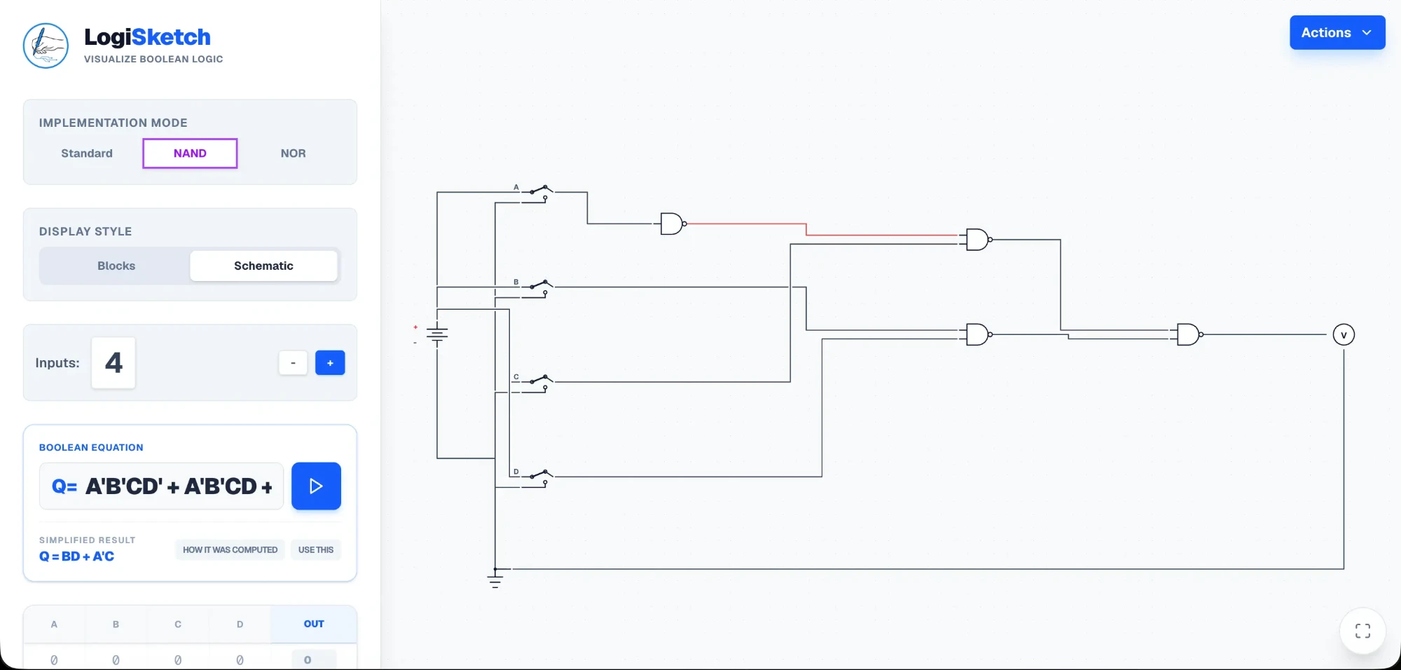LogiSketch in NAND mode, with the equation simplified to Q = BD + A'C and a schematic built only from NAND gates.